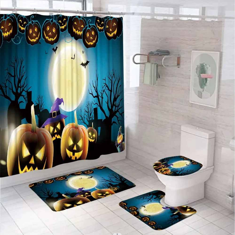 White Spooky Ghost Pumpkin Bathroom Shower Curtains Set Halloween Bat Witch Hat Candy Maple Leaf Alchemy Bathtub Screen Bath Mat