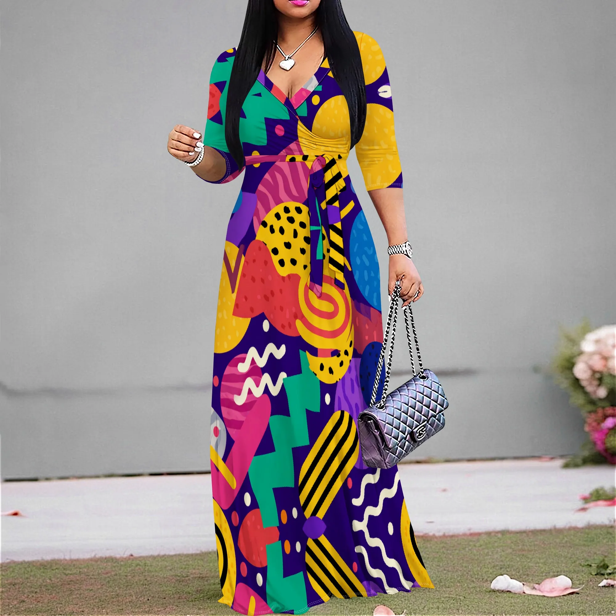 

Women's Abstract Print Maxi Dress S-3XL - Colorful V-Neck 3/4 Sleeve Wrap - Summer BBQ & Casual Holiday Party