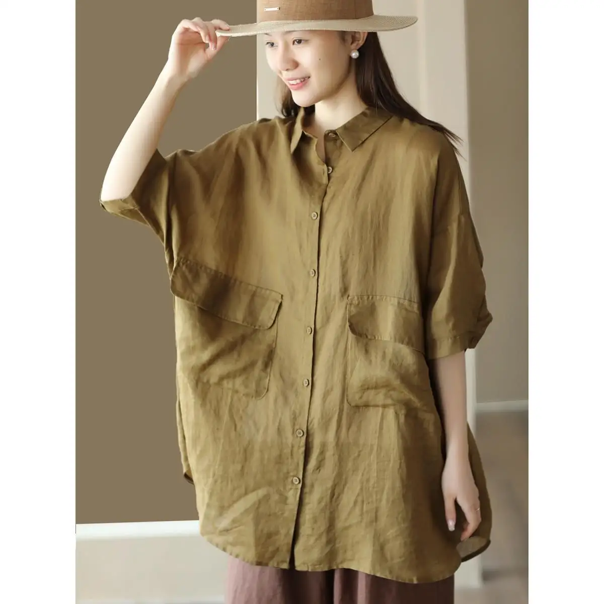 

New Mid-length Top for Summer Women's Cotton and Linen Shirt Lapel Mid-sleeved Shirt Temperament Large-size Top Multiple Buttons