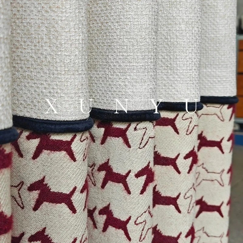 Customized Pony Embroidery Beige Stitching Chenille Curtains for Living Room Bedroom French Window Villa Customized Finished