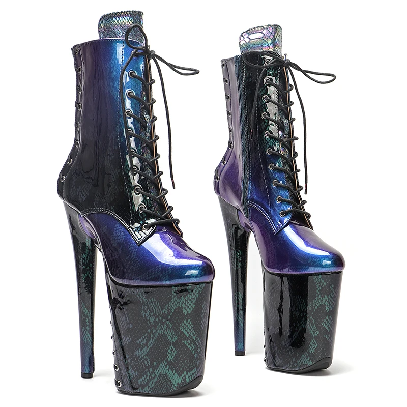 Leecabe 23CM/9inches shinny Snakeskin material lace up sole and upper High Heels Pole Dance boot