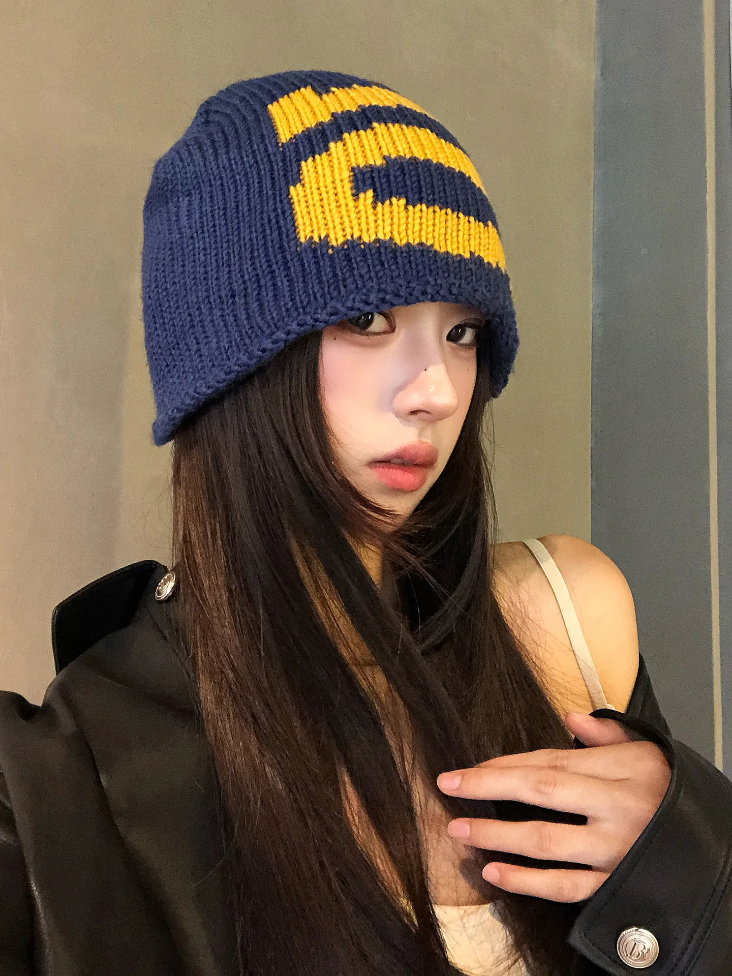 American Contrast Color Letter Knitted Woolen Cap for Women Large Head Size Face Slimming Natural Skin All Match Hat