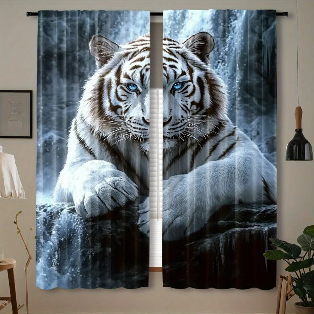 Realistic White Tiger Curtain 2 Panels,Bright Blue Eyes Waterfall Cliff Allover Gray Tone Print,Curtains  Study Animal Curtain