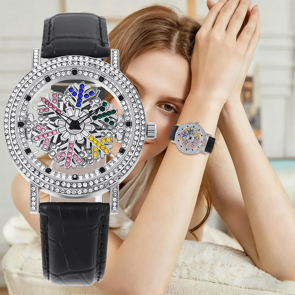 新しいレディースウォッチ - エレガントでファッショナブル、そしてトレンディ - 回転する雪の結晶文字盤、ブラックフライデー/ダブル11に彼女へのサプライズギフト
