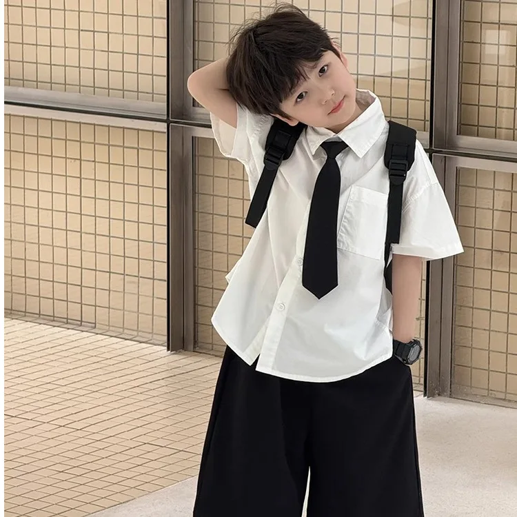 2026 Boys Suit Gentleman Teenager Summer White Blouse Shirt Top + JK Black Short Pant Teenager Children Set 4 8 9 10 11 12 Year