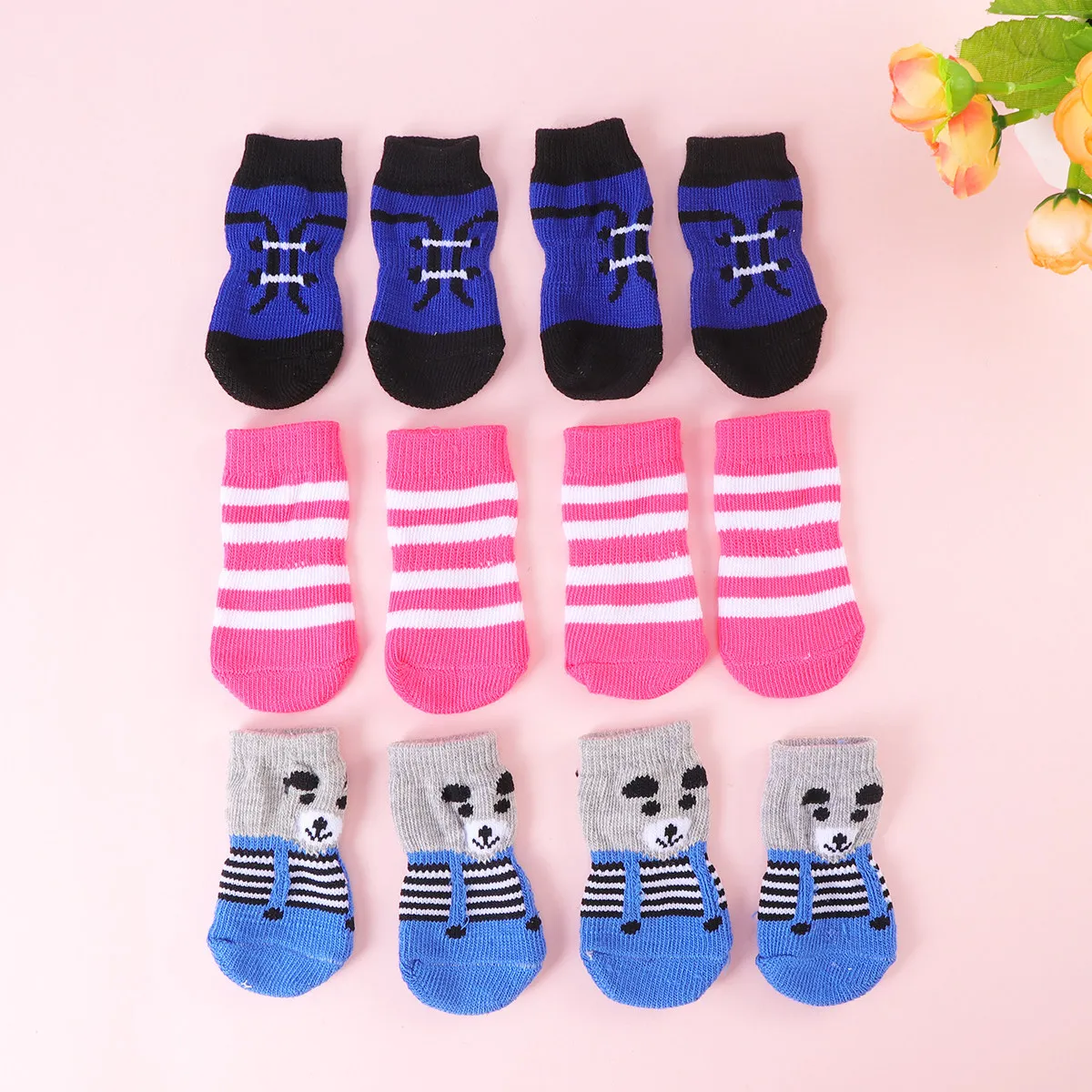 Dog Anti Slip Socks 4 Pack Soft Cotton Knit Puppy Paw Protectors Warm Non Skid Ankle Socks Size L Random Color