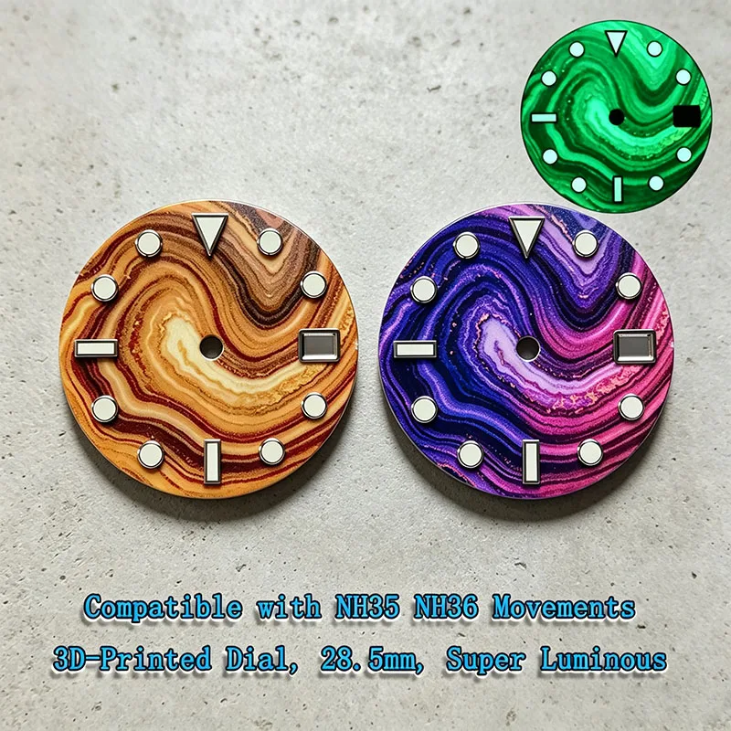 MechJazz 28.5mm 3D Printed Faux Agate Swirl Watch Dial Super Luminous Compatible With NH35 NH36 Movement Watch Mod Parts