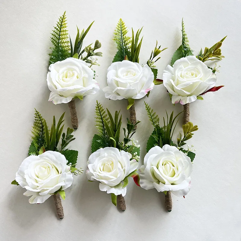 Boutonniere ดอกไม้ประดิษฐ์ดอกกุหลาบผ้าไหมสีขาวช่อดอกไม้หมุดรังดุมอุปกรณ์จัดงานแต่งงานข้อมือช่อดอกไม้สร้อยข้อมือเพื่อนเจ้าสาว