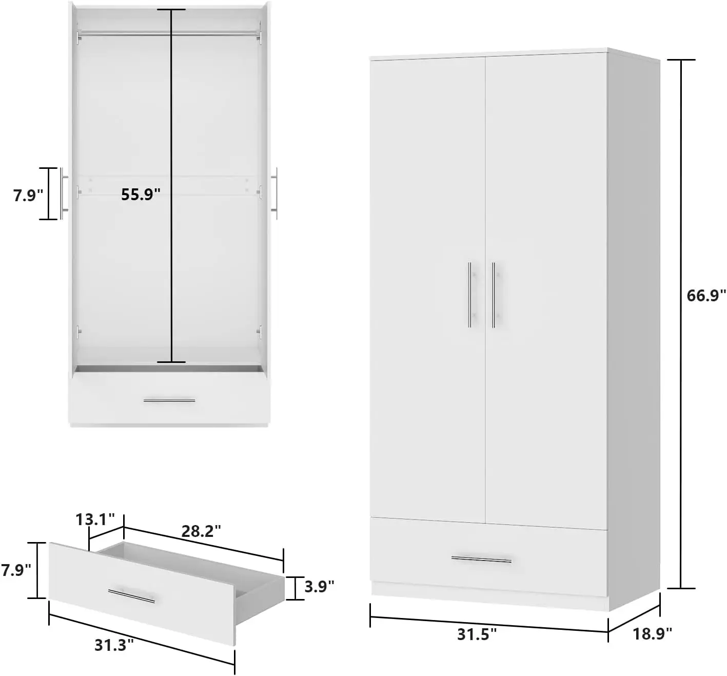 Aiegle 2 Doors Wardrobe Armoire With Drawer, Freestanding Armoire Wardrobe Closet With Hanging Rod, Bedroom Wood Clothes