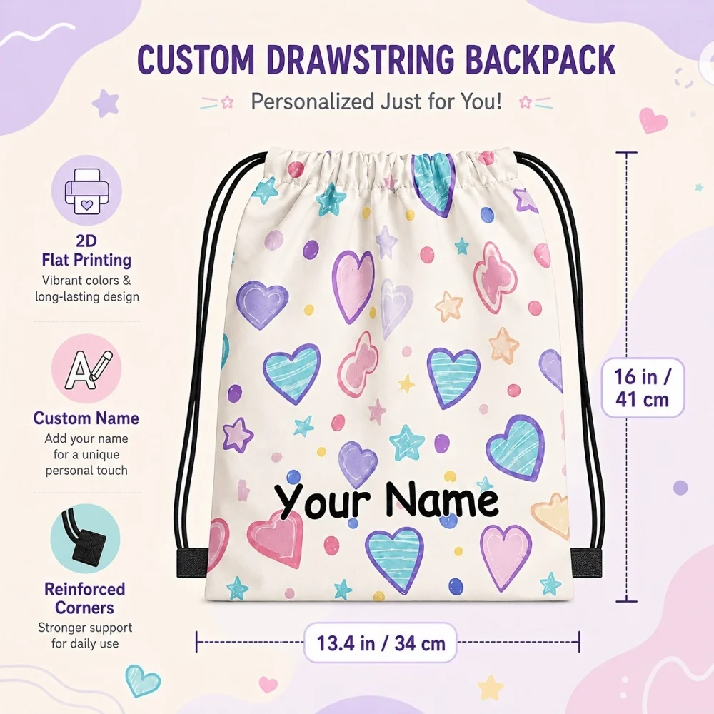 Custom Print Drawstring Backpack, Personalized Name Heart Star Pattern Gym Sack Bag,Drawstring Bag for Outdoor Travel Fitness
