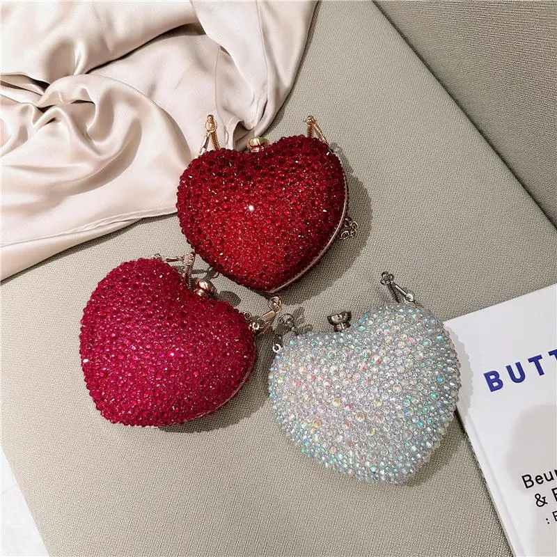 1Piece Rhinestone Mini Handbags Luxury Diamond Inlay Heart Shape Crystal Clutch Purse Evening Wedding Party Traveling Bag