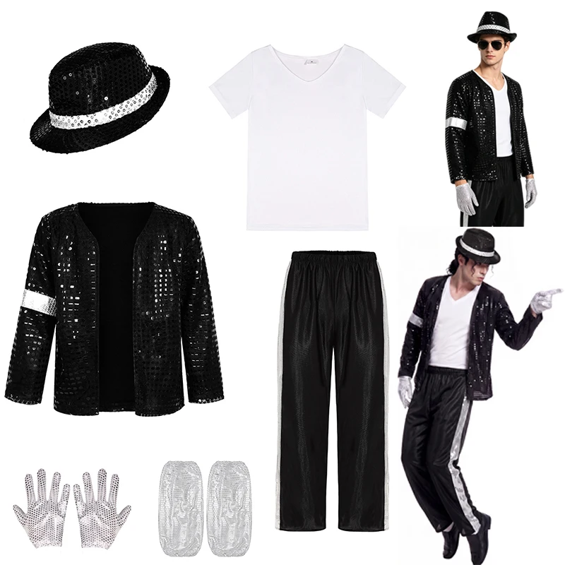 Men Retro Pop Star Disco Costume Black Sequin Jacket Striped Pants Hat Gloves Halloween Stage Show Cosplay Outfit