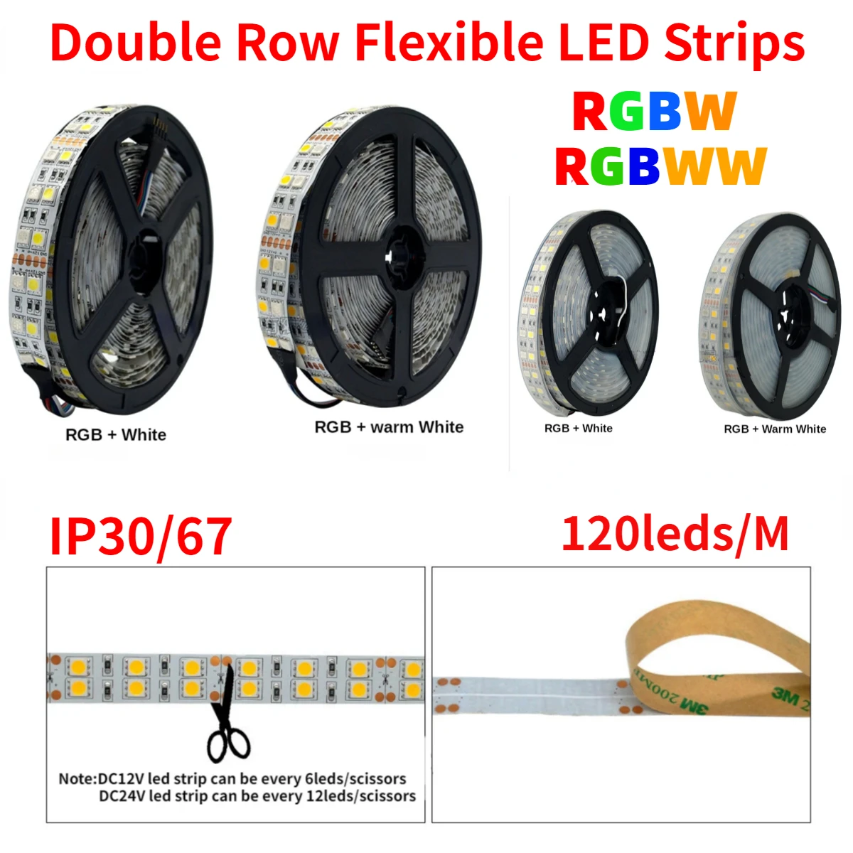 

New 5M/roll Double Row Flexible LED Strips SMD5050 RGBW RGBWW RGB Cool White Warm White 120leds/M IP30/IP67 Waterproof DC12V 24V