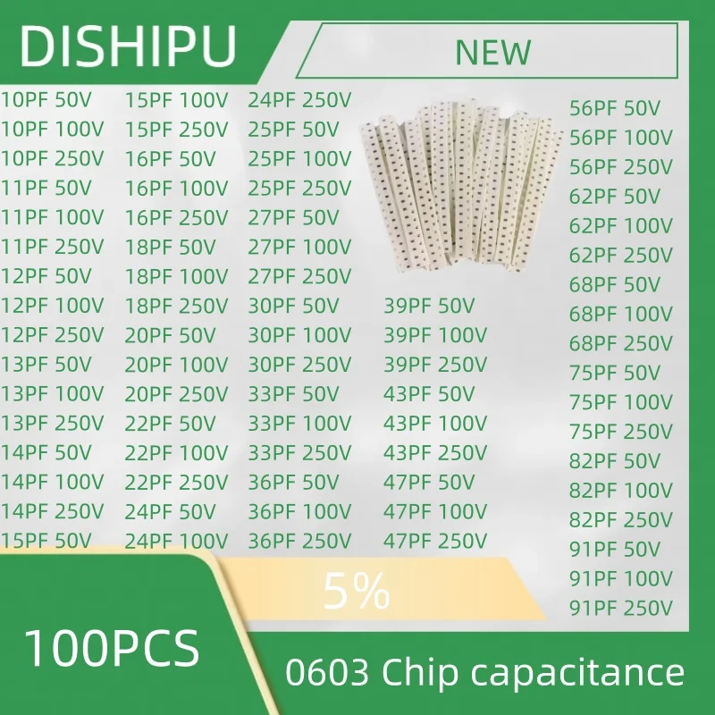 

100pcs 0603 chip capacitance 5% 10PF 50V 12PF 15PF 18PF 20PF 22PF 33PF 39PF 47PF 56PF 68PF 82PF 68PF 250V NPO