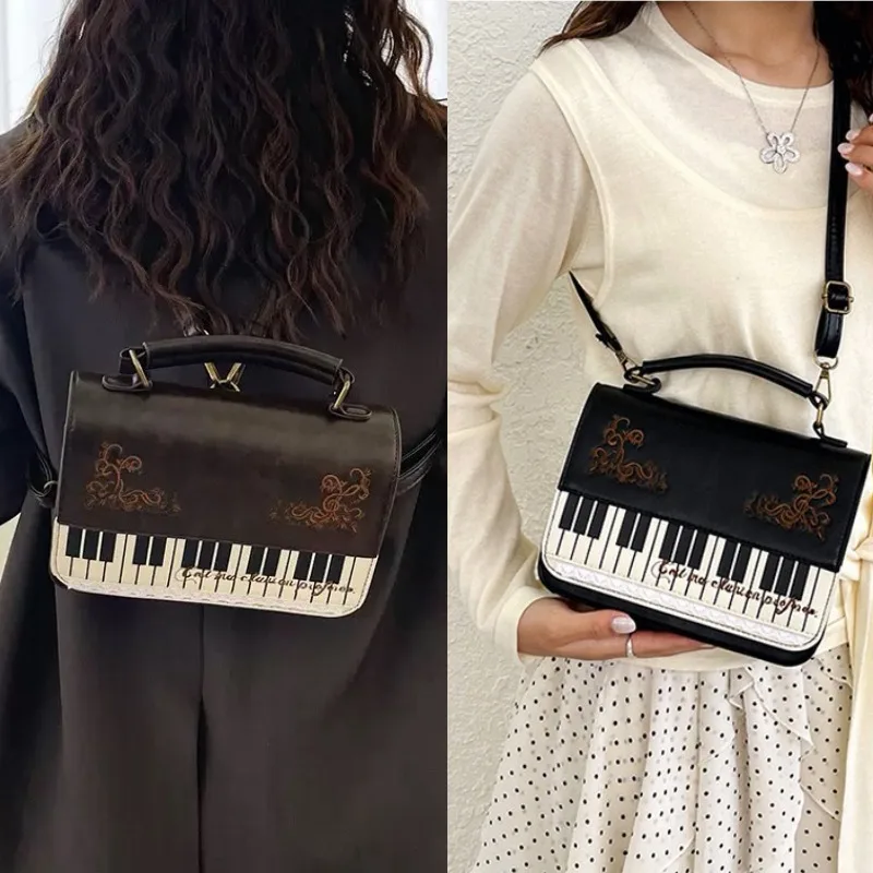 Vintage Square Piano Keyboard Crossbody Satchel Bag For Women,Japan-Style Preppy Handbag Dual Shoulder Purse For Daily Gift