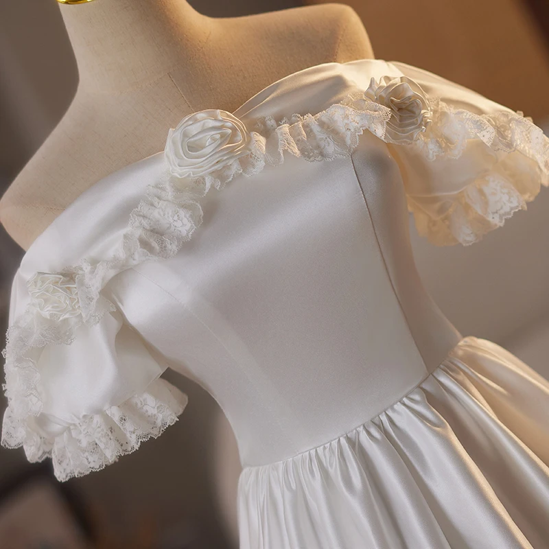 AnXin SH vintage princesa satén blanco cuello barco rosa flor encaje volantes manga vestido de baile con cordones vestido de noche personalizado