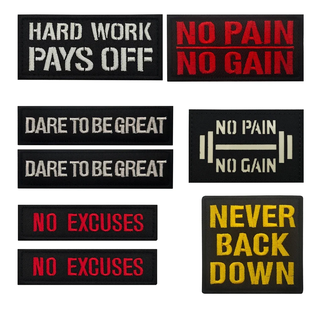 NO PAIN NO GAIN Embroidery Old Saying Hard Work Pay OFF Funny Trengthful Proverb Label Letter Patch Sew-On Bag Shirt  Molle Bag