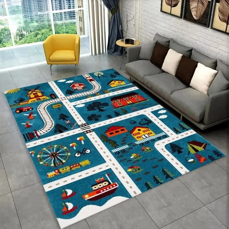 Kids City Traffic Play Rug Cartoon Train Road House Boat Print Fun Town Themed Kids Room Decor Carpet Non-Slip Educational Mat