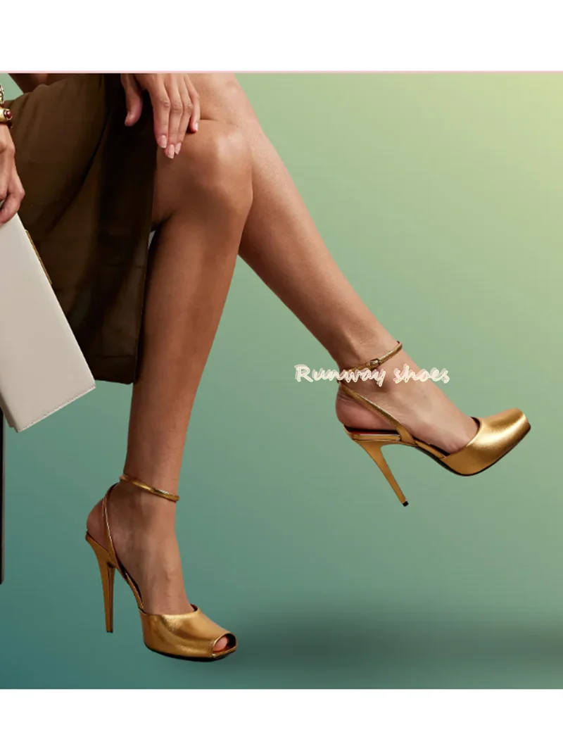 

Fish Mouth Square Head Open Toes Runway Style Gold Women's High Heels Stilettos Ankle Buckle Handcrafted Luxury Footwear