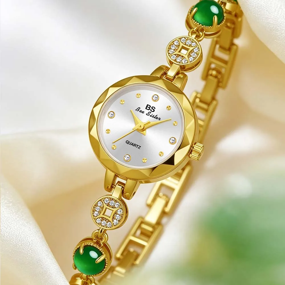 BS Women's Quartz Watch Natural Green Chalcedony, Chinese-Style Ancient Copper Coin Quartz Watch FA1774 часы женские наручные