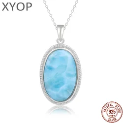 925 Sterling Silver Jewelry Gifts Classic Pendant Necklace Natural Precious Larimar Retro Woman Oval Charm Rhodium Plated Gold