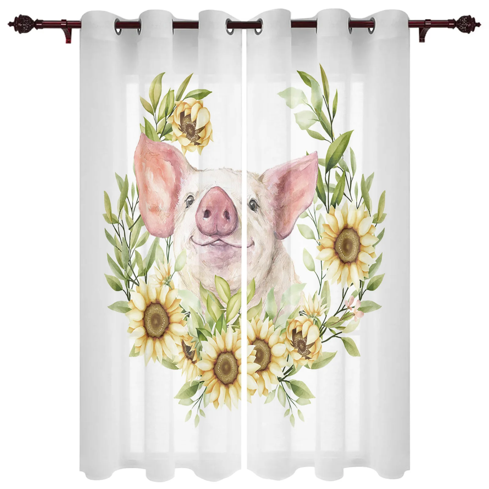 Flower Sunflower Pig Animal Farm Window Curtains In The Living RoomKitchen Window Curtains Hotel Printed Drapes 