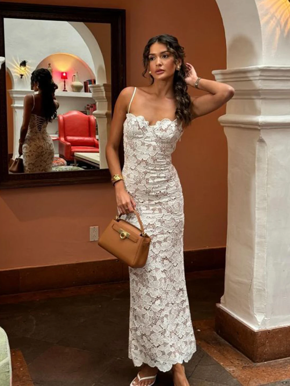 Modphy Sexy Spaghetti Band Kant Lange Jurk Vrouwen Witte Bloemen Kant Mouwloze Bodycon Maxi Jurken Elegante Avondfeest Jurken