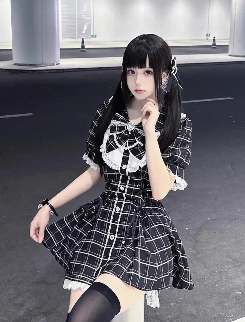

Bow Tie High Waist Slimming Dress and Shorts Two Piece Set Japanese Style Sweet Girl Plaid Black White Short Sleeve Top