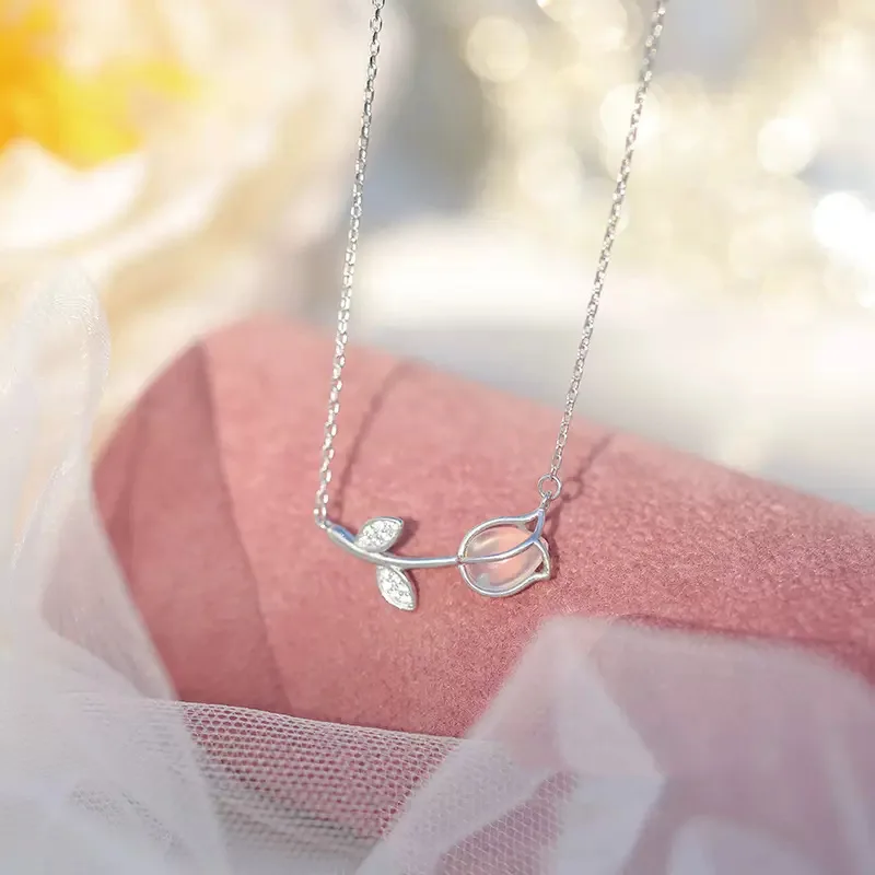 Real 925 Sterling Silver Zircon CZ Tulip Flower Pendant Necklace Choker For Women Cute Fine Jewelry Minimalist Accessories