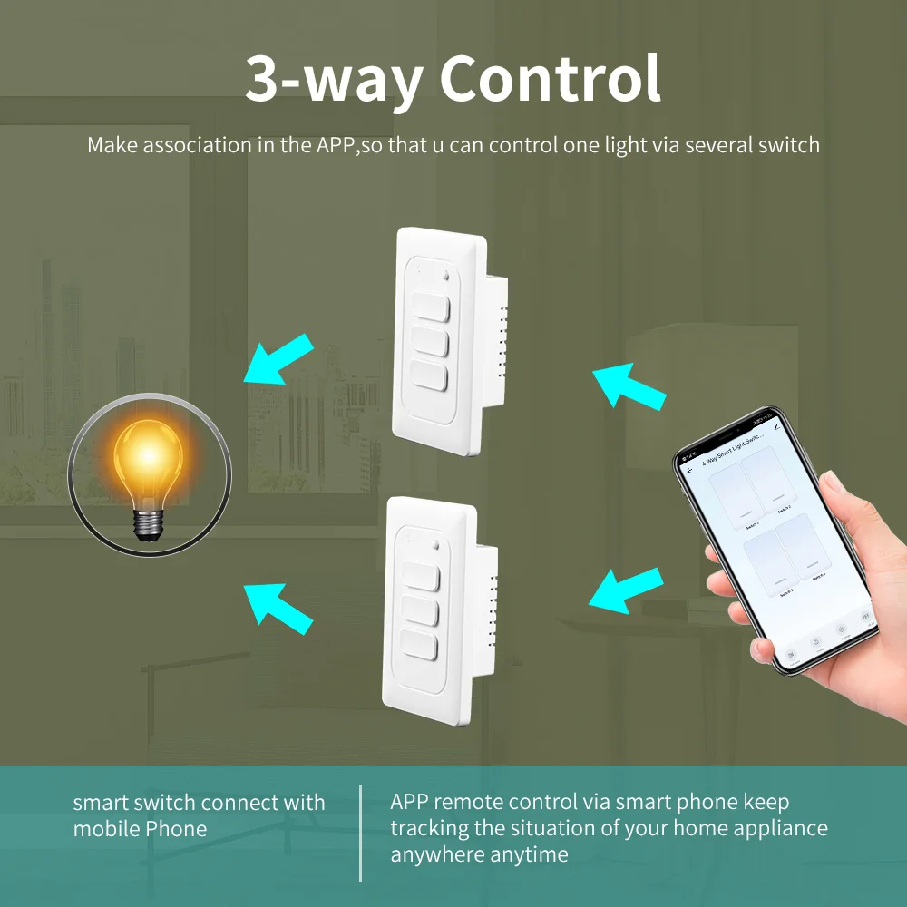 Tuya WiFi Smart Switch 1/2/3/4 Gang Physical Wall light Push Button Switches Work With Alexa Google Home Voice Control 110v-240v