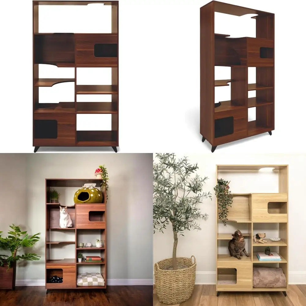 

modern multi-level pet condo with climbable shelves and indoor furniture for cats and dogs