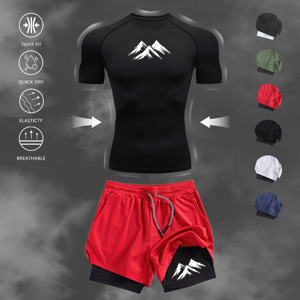 

Men's 2PCS Fitness Training Set Mountain Print Quick Dry Compression T-Shirt & Double Layer Running Shorts Gym Athletic Training