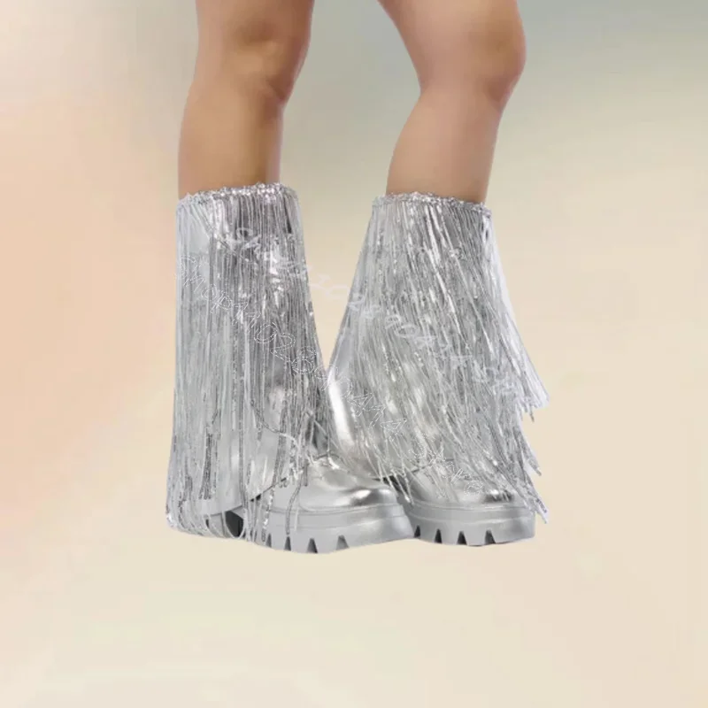 

Silver Tassels Decor Wave Pattern Bottom Boots Elastic Band Women Shoes High Top Fashion Party Banquet 2024 Zapatos Para Mujere