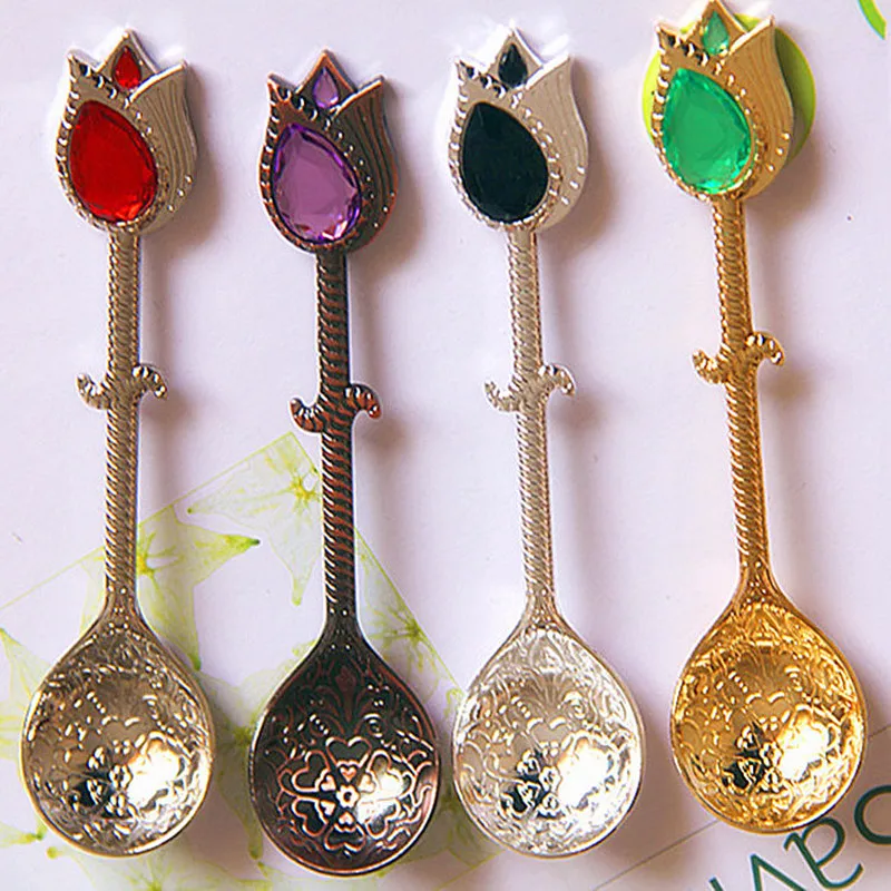 Mosaic Simulation Sapphire Coffee Spoons - Bronze, Retro Style, Ideal for Tea, Dessert, Sugar, Melon & Honey, Fashionable Home A
