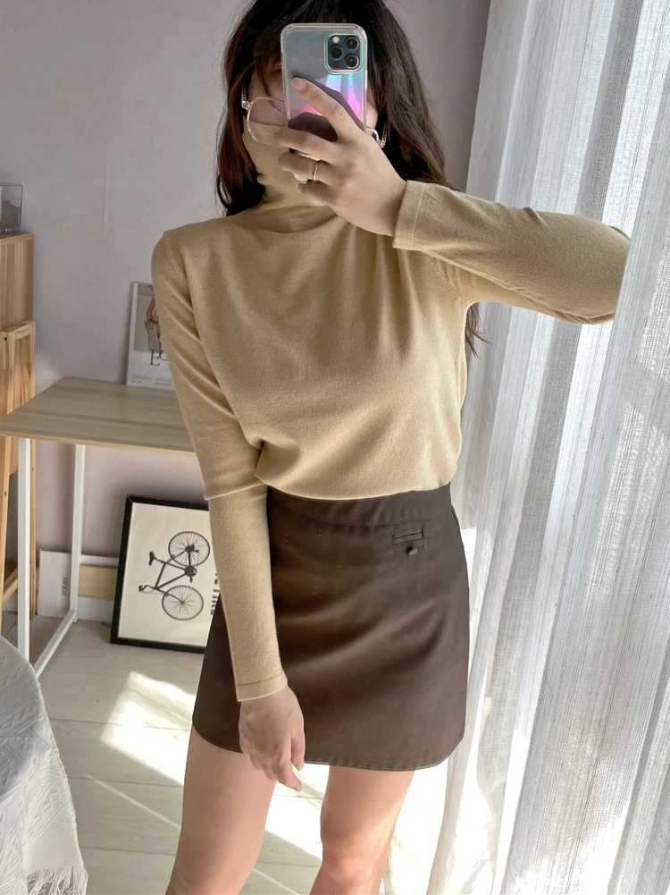 

SA Little Tree 202 Осенне-зимняя шерстяная однотонная эластичная блестящая водолазка с воротником для женщин, модная повседневная вязаная кофта