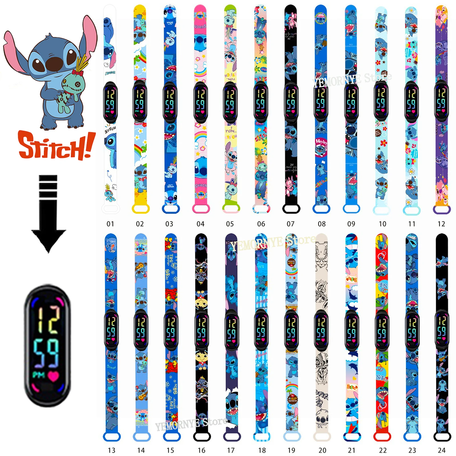 

Pokemon Stitch children's Cartoon Anime Character Luminous Bracelet Watch LED Touch Waterproof Clock Sports Gifts Christmas Toys