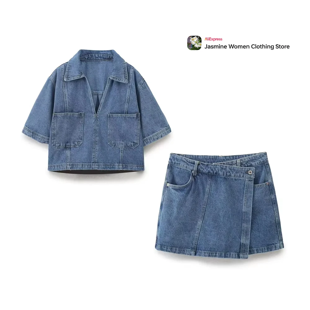 Fashion Women's Comfy Denim 2 Piece Shorts Set Cropped Plunging V-neckline Top Wrap Shorts Skorts Casual Two Parts Jean Outfits