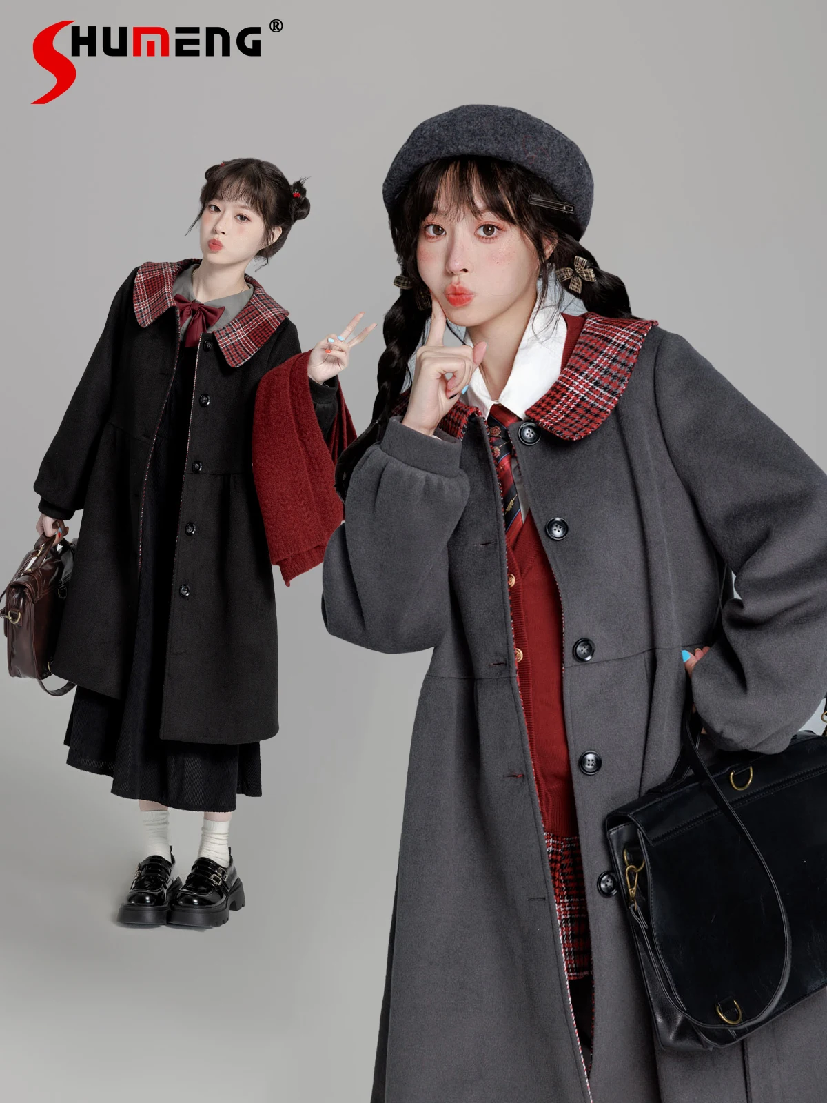 Japanese Sweet Preppy Plaid Splicing Doll Collar Single-breasted Lace-up Belt Loose Casual Long Overcoat Wool Coats Women Autumn