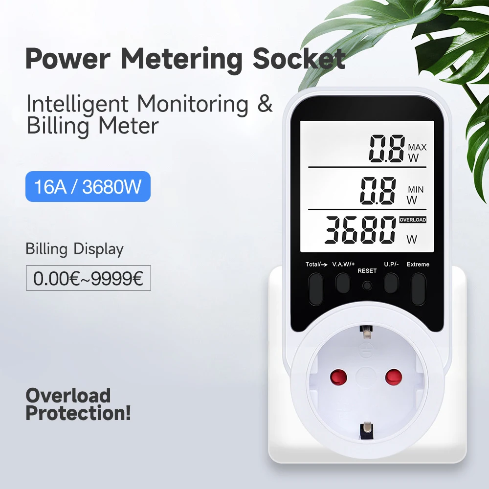 

Digital Wattmeter 230V Power Meter Socket Electricy Consumption Energy Meter EU Plug Power Kwh Wattage Voltage Timing Controller