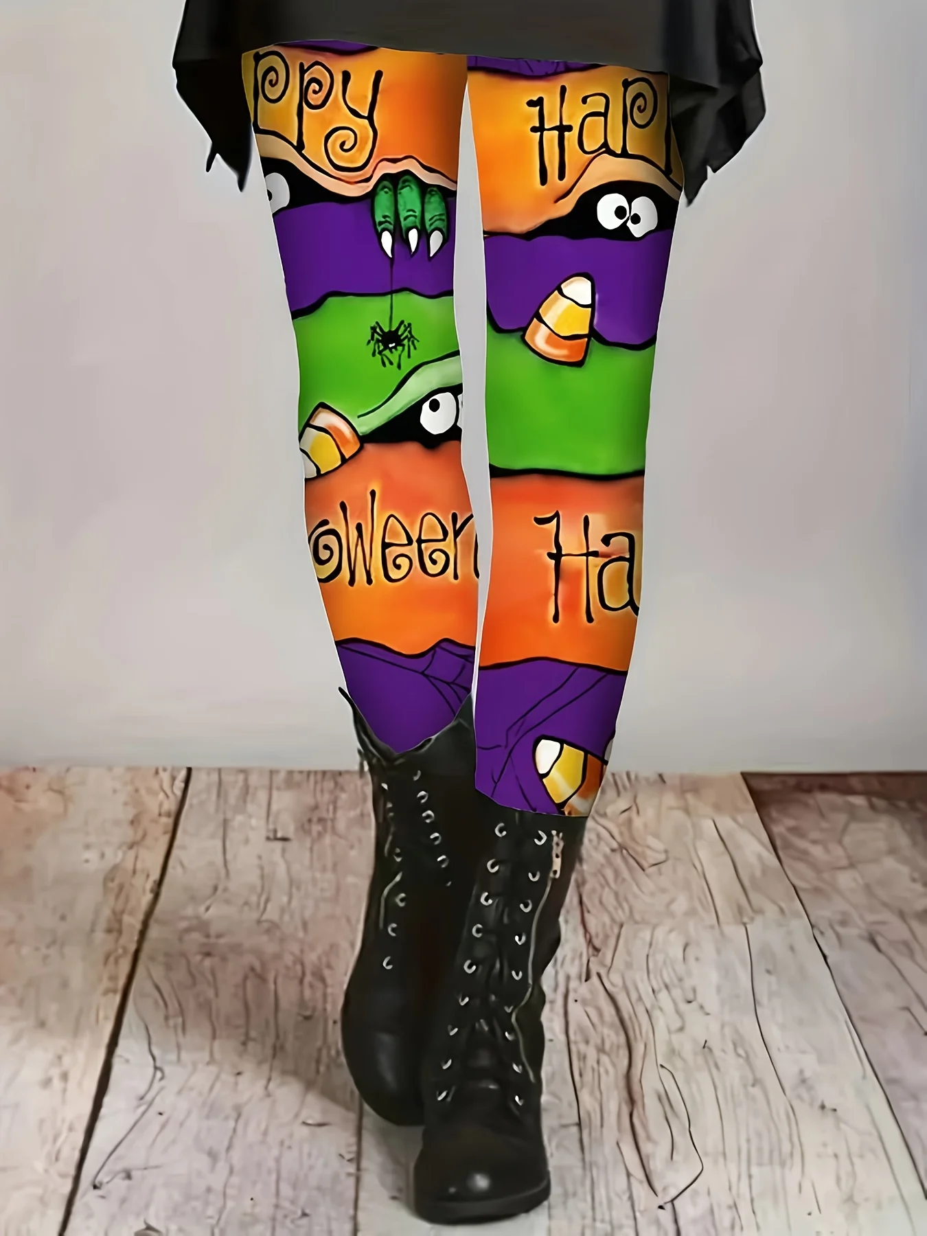Women's Mid‑Rise Fleece Lined Leggings Halloween Cartoon Block Print Spider Candy Corn Stretch Warm Ladies Pants