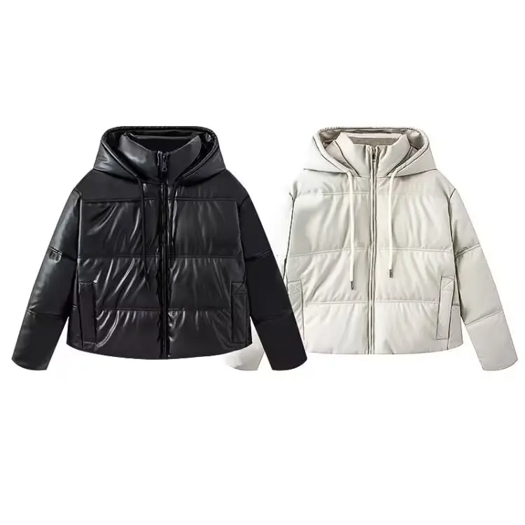 

ZBZA Spring New Women's Faion Design Simulation Leather down Cotton Jaet Straight Cut Long Sve Zipper Closure Hooded