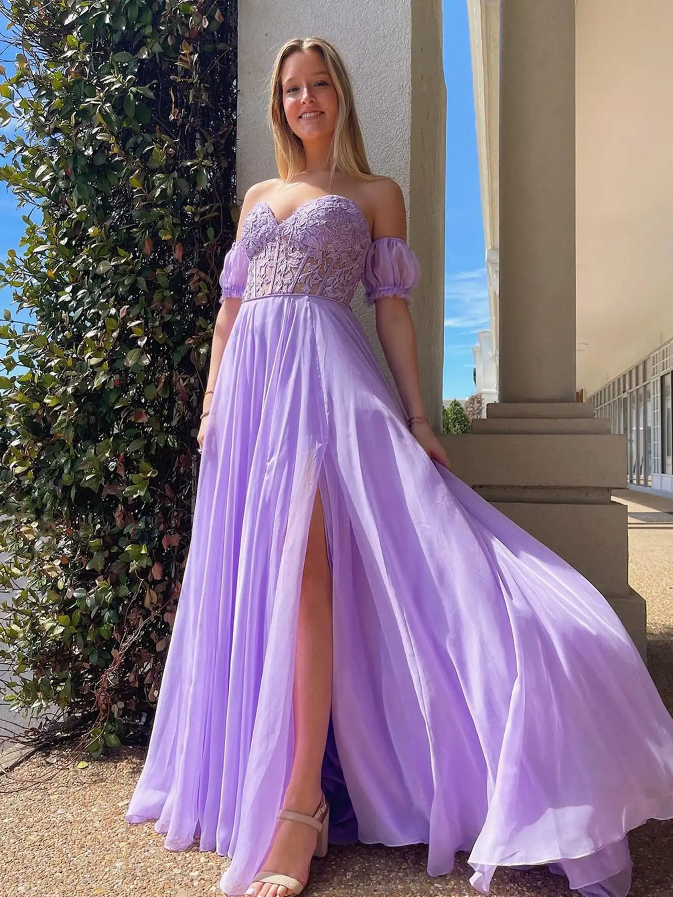 

Chiffon Sweetheart Puff A-line Prom Dresses Off the Shoulder Detachable Sleeve Illusion Backless Elegant Women's Evening Gowns