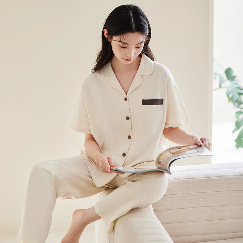 Women full cotton pajamas set summer short sleeve 2 pieces sets solid color sleeping home clothes turn down collar pijamas mujer