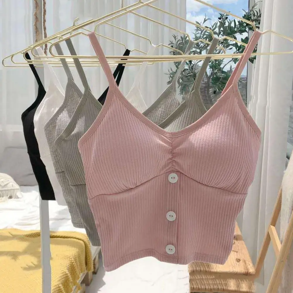 

Women Bra Vest Elegant V Neck Camisole with Padded Bra Button Decor Women's Slim Fit Spaghetti Strap Vest for Summer Fashion