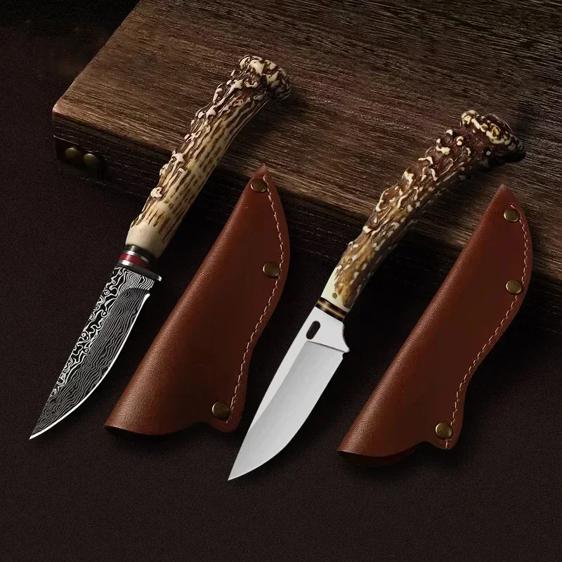 2-piece set - Damascus pattern small knife, high quality, rivet reinforced, outdoor multi-functional knife - hiking, camping