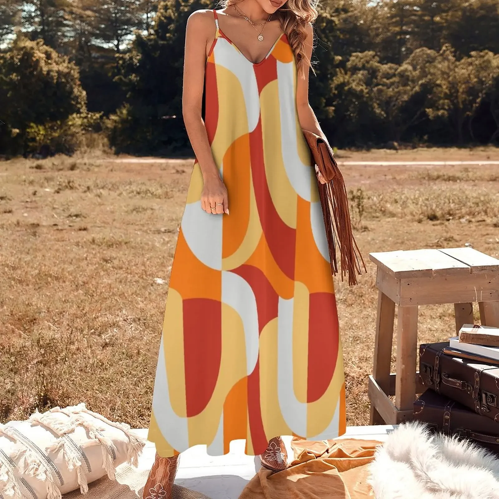 Robe de mariée à motif rétro abstrait orange pour femme, robe de plage ample, 2024