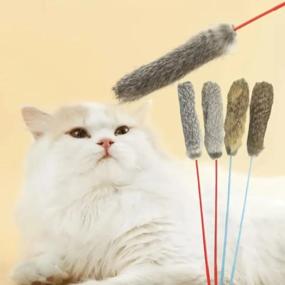 Fun Faux Rabbit Fur Cat Teaser Stick Grain Handle Relieve Boredom Cat Wand Fuzzy Touch Color Random Pet Interactive Stick