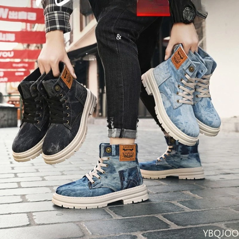 

2025 г., новые модные нескользящие и износостойкие мужские ботинки с нижней трубкой, весенние парусиновые ботинки с высоким берцем и толстой подошвой, обувь