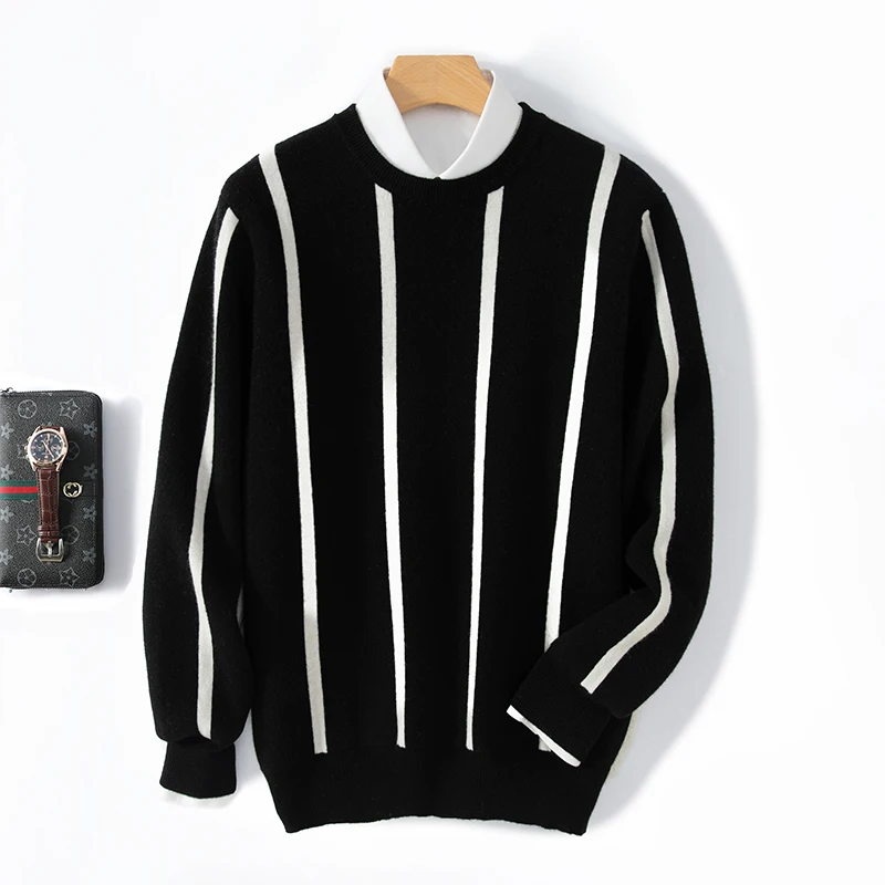 Autumn And Winter 100% Pure Wool Round Neck Warm Sweater Men's Knitted Bottoming Shirt Loose Color Matching Top
