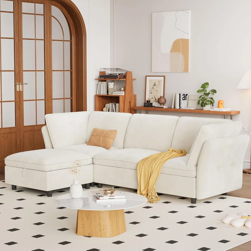 

97" Modular L-Shaped Sectional Cloud Couch with Storage Ottoman - Velvet Deep Seating Sofa Set with Pillows